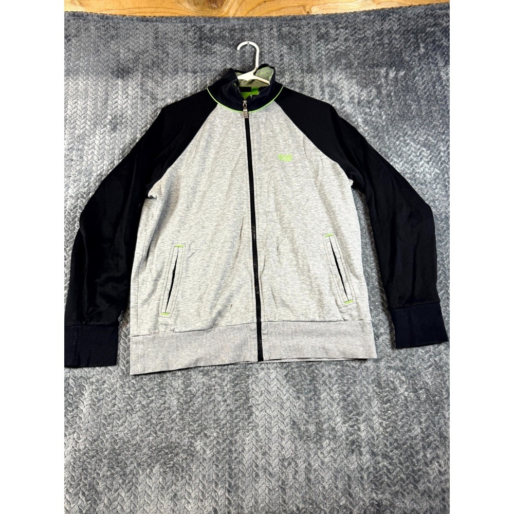Hugo Boss Track Jacket Mens Heather Gray Black Raglan‎ Sleeve Mock Neck Zip Up